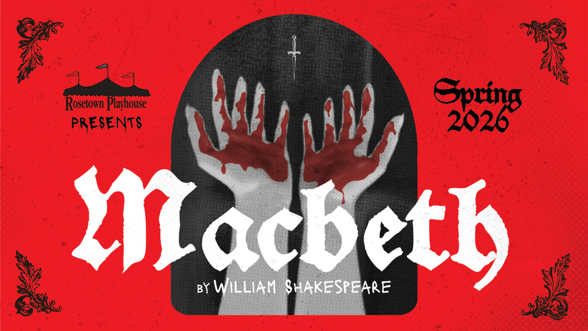 Theater poster for Macbeth by William Shakespeare, presented by Rosetown Playhouse, Spring 2026. A red background features a dark circular medallion centered on the poster, containing two upward-facing handprints with white palms and blood-red fingers, and a small cross or dagger symbol above them. The title "Macbeth" appears in white Gothic lettering across the center, with decorative Gothic flourishes in each corner of the poster.