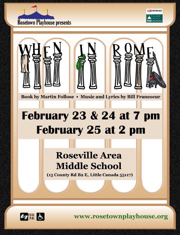 Poster for Rosetown Playhouse's When in Rome, with the title in tall lettering framed by classical Roman columns on a cream and gold background.